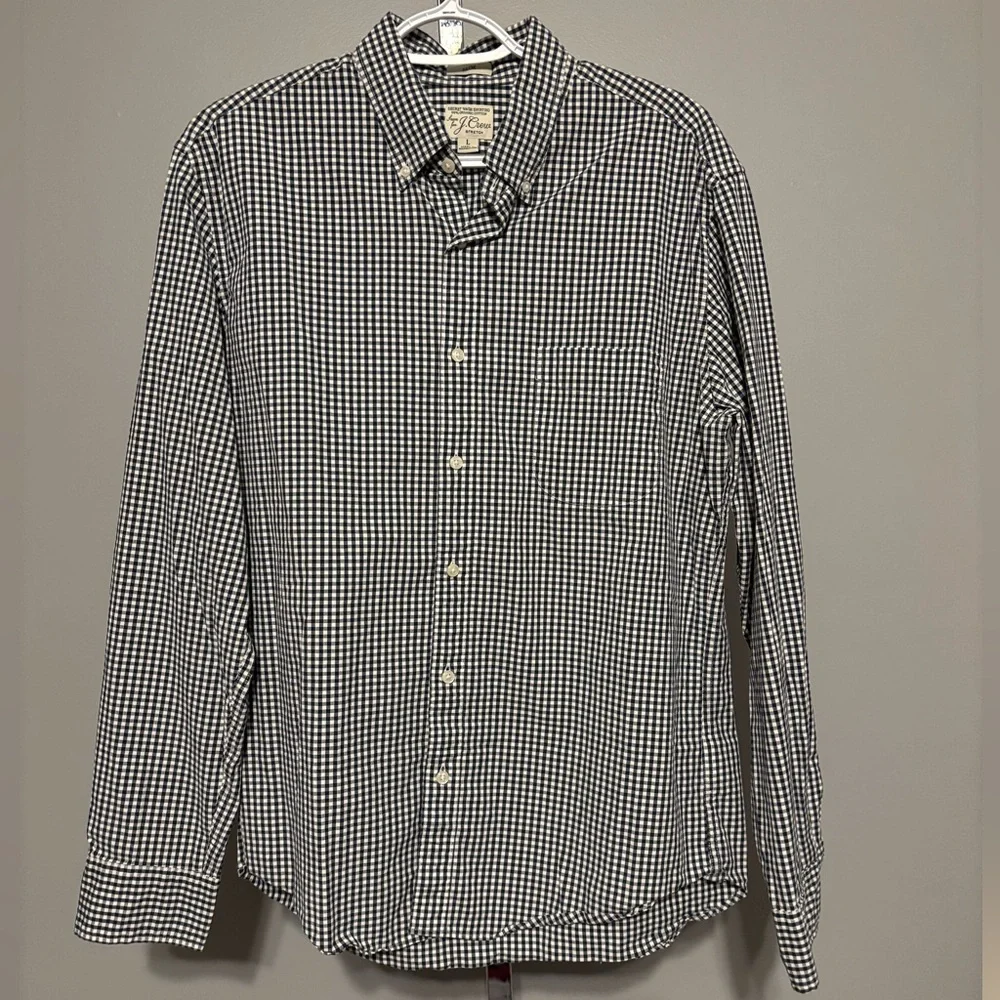 J. Crew Men's Large Gingham Check Navy And White‎ Slim Stretch